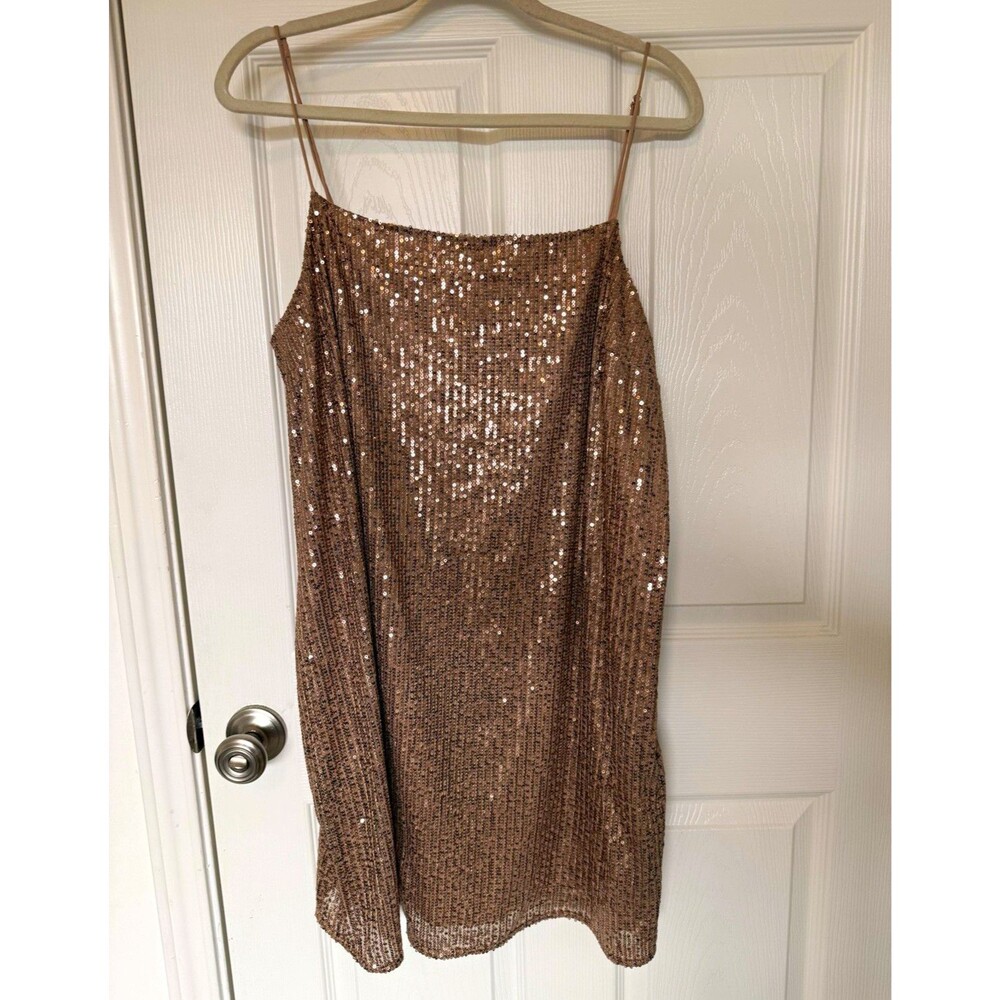 Banana Republic Women's Gold Sequin Slip Dress, Spaghetti Strap Size 18